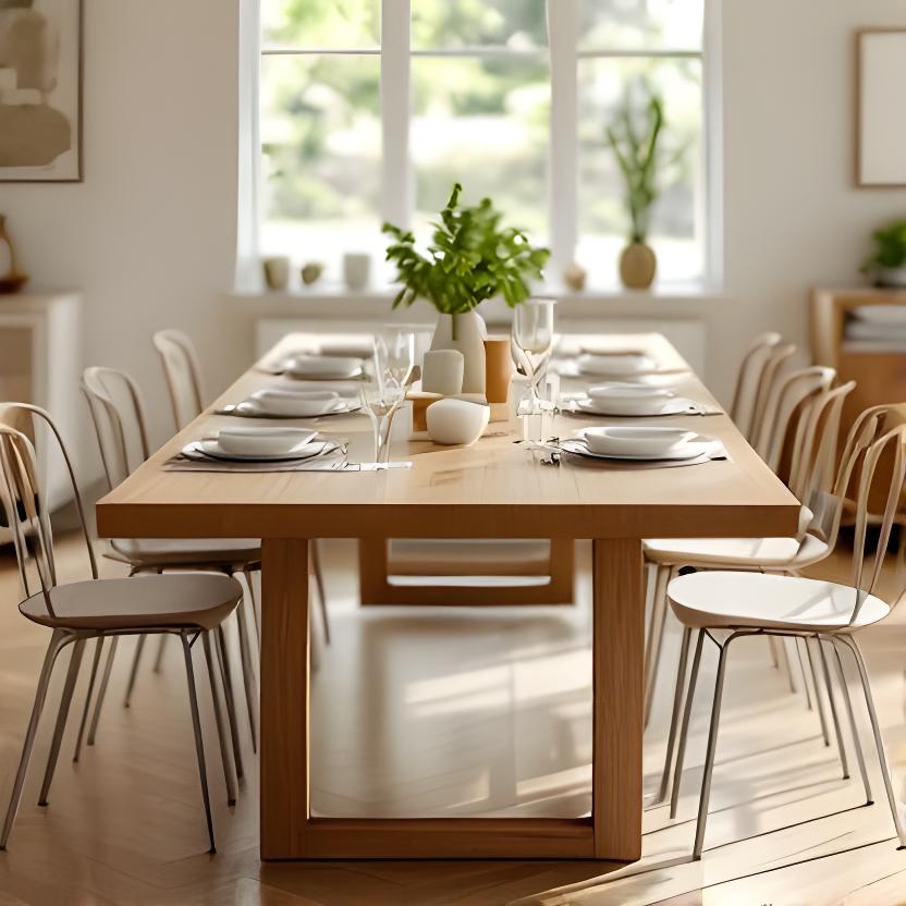Ausziehbarer Esstisch aus geölter Eiche in einem hellen Esszimmer mit eingedeckten Plätzen für eine grosse Familie