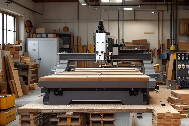 CNC-Maschine in einer modernen Schreinerei beim präzisen Zuschnitt von Massivholz
