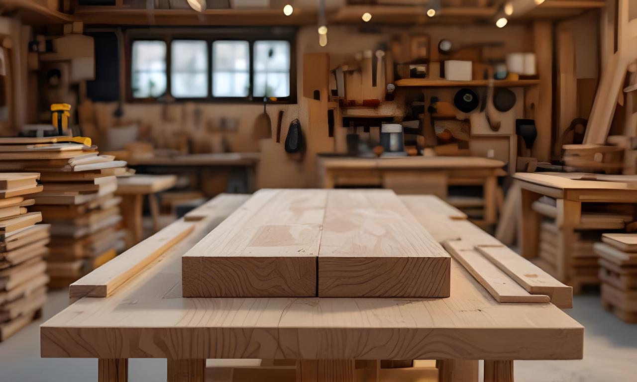 Warmly lit woodworking workshop in Zurich with oak boards, hand tools and a crafted table under construction