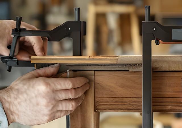 Handwerker repariert eine Holzverbindung an einem alten Stuhl in einer hellen Werkstatt