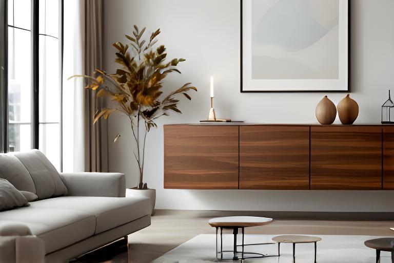 Schwebendes Sideboard aus Nussbaum mit grifflosen Fronten in modernem Wohnzimmer