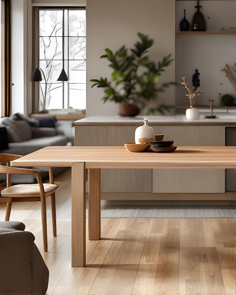Solid oak dining table in a modern Zurich home with soft daylight and crafted joinery details