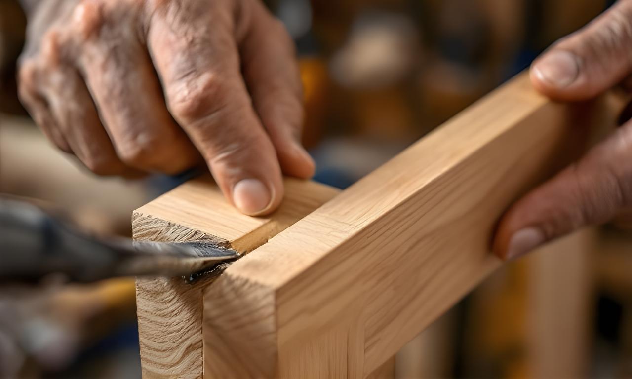 Nahaufnahme einer Hand beim Prüfen einer Holzverbindung an einem fein geschliffenen Möbelstück