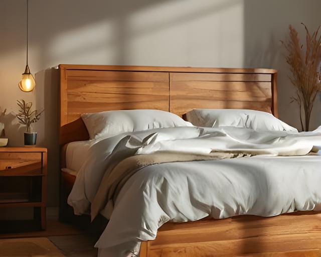 Massiver Bettrahmen aus Kirschenholz in einem ruhigen Schlafzimmer mit warmer Beleuchtung