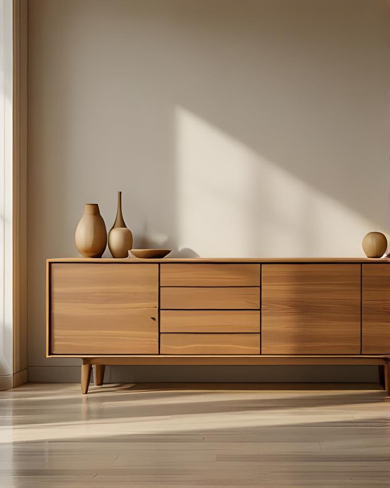 Minimal sideboard made of walnut veneer in a calm apartment with textured walls and warm lighting