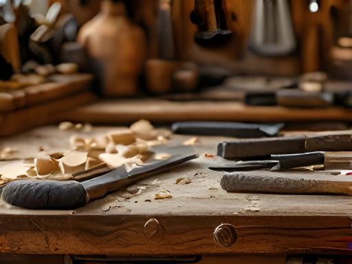 Traditionelle Hobelbank mit Holzspänen und Handwerkzeugen in einer warmen Werkstatt