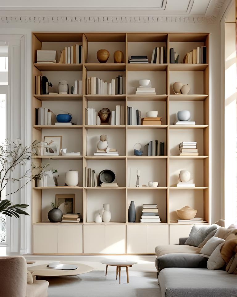 Tall custom bookshelf with books and ceramic objects in a bright Zurich living room