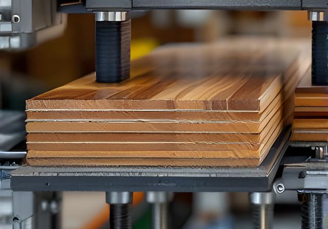 Furnierpresse mit feinem Holzschichtaufbau auf einem Restaurierungstisch