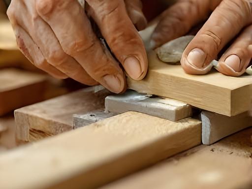 Detailaufnahme einer Schreinerhand beim Verleimen einer präzisen Holzverbindung