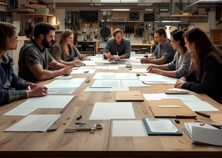Kundengespräch an einem grossen Holztisch in der Werkstatt mit Mustern und Plänen