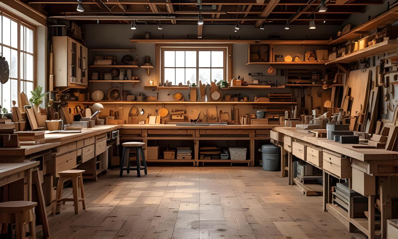 Schreinerei-Atelier mit Massivholzbänken, Werkzeugen und warmem Seitenlicht